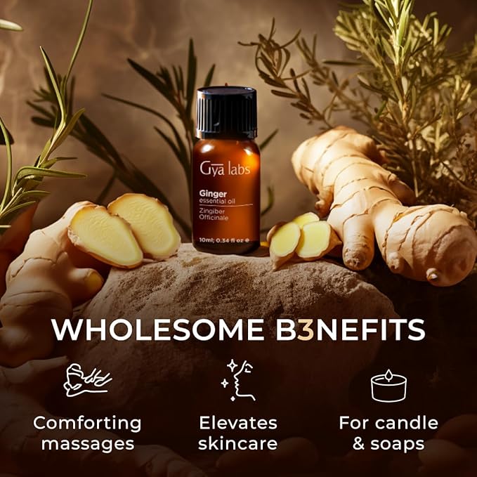 Gya Labs Ginger Essential Oil - 0.34 Fl Oz - Ginger Oil for Massage, Diffuser, Hair, Skin, Body & Candle Making Scent