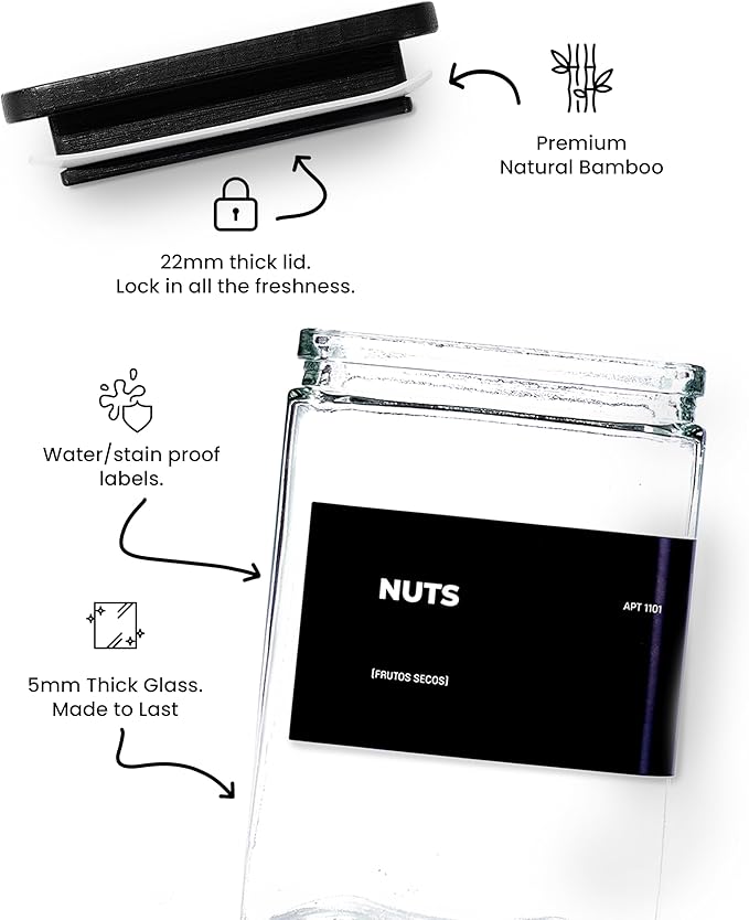 27 oz Glass Storage Jars with Bamboo Lid, set of 6, glass canisters with airtight lids, Clear jars with lids for Cookie, Candy, Tea, Coffee Bean and Rice, Black