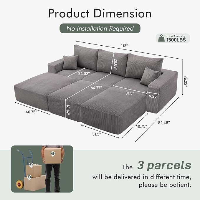 Boneless Sectional Cloud Couch Sofa Bed for Living Room, 112" Modular Modern Lounge 3 Seater Sleeper Grey Couches with Chaise, No Assemble, Cordury Compression Upholstered Sofas