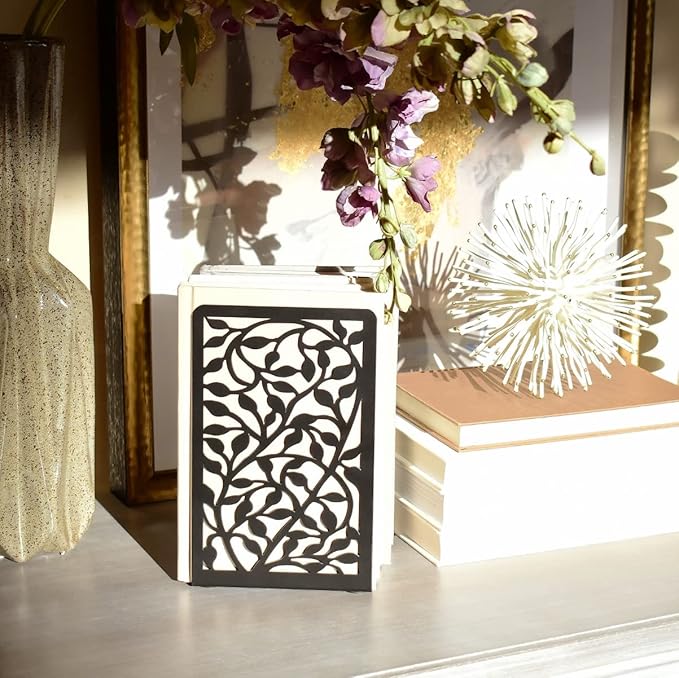 CNK Book Ends for Shelves - Metal Holders for Home Office Heavy Books, Shelf Stoppers, Decorative Set of 2 Black Infinite Leaves Bookends