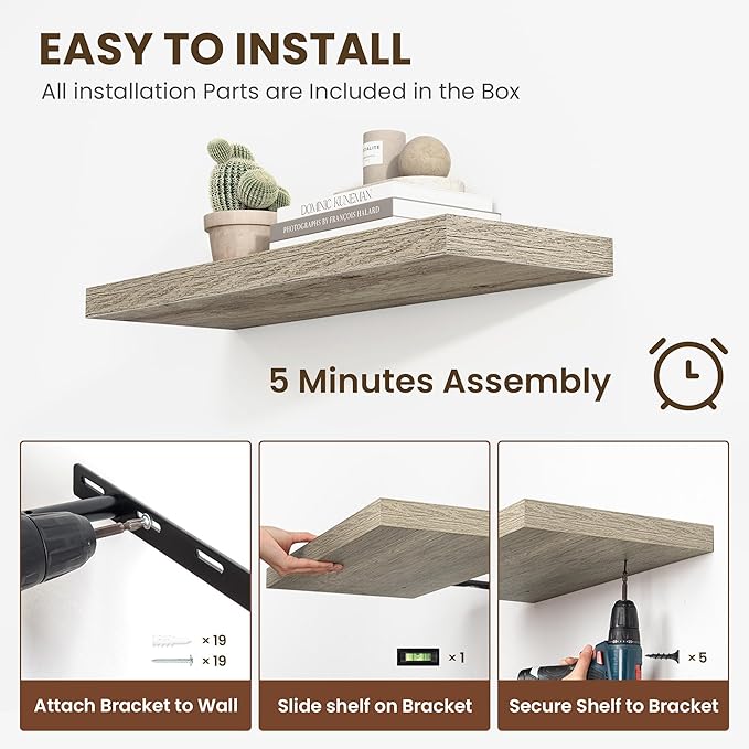 55 Inch Floating Shelves, 12 Inch Deep Floating Shelves for Wall, Floating Shelf with Invisible Brackets, Deep Shelves for Bathroom, Bedroom, Living Room, 1 Pack, Grey