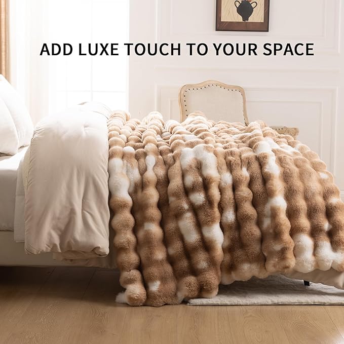 Cozy Faux Fur Throw Blanket for Bed Warm Fuzzy Throw Blanket, Soft Plush Thick Bubble Blankets for Bedroom and Living Room, Furry Luxury Blanket, 60 x 80, Tie-Dye Brown