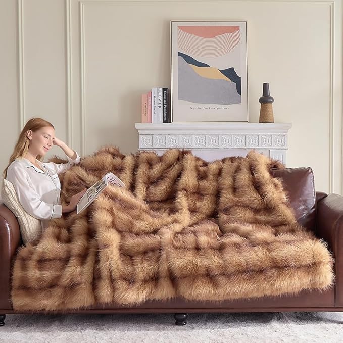 Fluffy Faux Fur Throw Blanket – Super Soft Warm Thick Plush Blanket for Bed, Couch & Office, Cozy Fuzzy Throw with Flannel Backing,60"x80", Brown