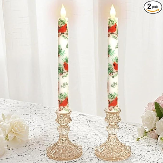 Cardinal Bird Flameless Taper Candles with Remote - Red Bird Theme LED Taper Candles for Home Xmas Holiday Party Christmas Decoration - 2PCS 9.5INCH