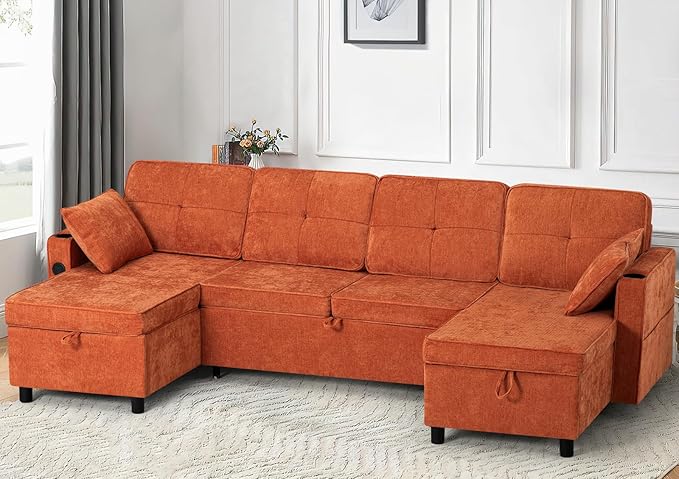 ACMEASE110“ Inches L-Shaped Pull Out Sofa Bed w/Storage Chaise & Adjustable Back, Chenille Sectional Sofa w/USB Port,Tufted Sleeper Couch w/Cup Holders for Living Room, Orange