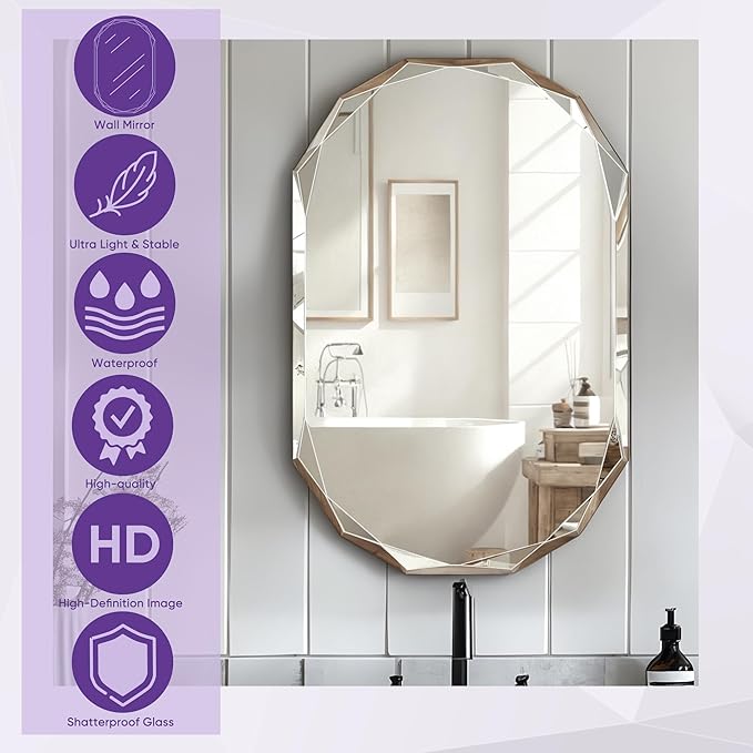 Bathroom Mirror for Wall, 24" x 48" Oval Mirror, Bathroom Vanity Mirror, Beveled Edge Frameless Wall Mount Vanity Mirrors, Wall Mirrors Decorative, Irregular Beveled Edge Mirror