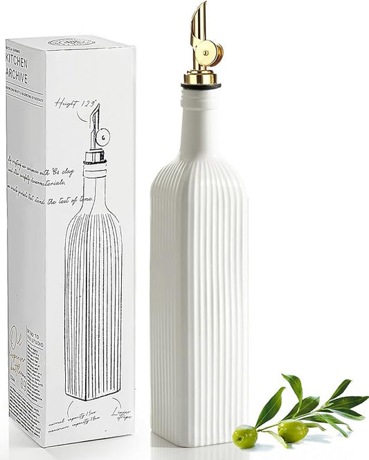 getstar 18 oz Olive Oil Dispenser Bottle for Kitchen, Ceramic Oil Bottle with Automatic Stainless Steel Pourer (Golden Pourer)