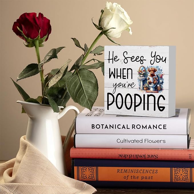 Funny Highland Cow Decor Memorial Day Fourth of July Independence Day Decorations Red White and Blue Decor, Rustic Farmhouse Home Office Wooden Box Sign for Bathroom - He Sees You When You're Pooping