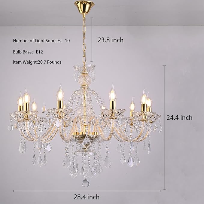 10-Light Crystal Chandelier Clear K9 Crystal Luxury Ceiling Light Fixture Flush Mount Pendant Lighting for Living Room Dining Room Bedroom Kitchen Hallway Entryway