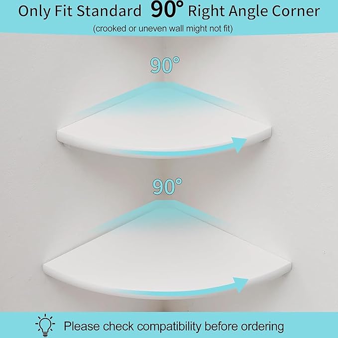 Corner Shelves, Floating Corner Shelf, Set of 2 White Solid Oak Wood Wall Shelves, Round End Wall Mount with Wire Hole Shelving for Small Plant for Bedroom Kitchen, Living Room 8.7"