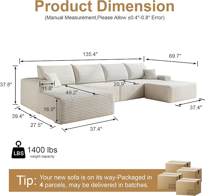 136" Sectional Couches for Living Room Modern Modular Sofa with L-Shape Couchs Upholstered Boneless Couch Deep Seat Sectional Couch with Chaise (White, Left Facing Chaise+3Seaters+Ottoman)