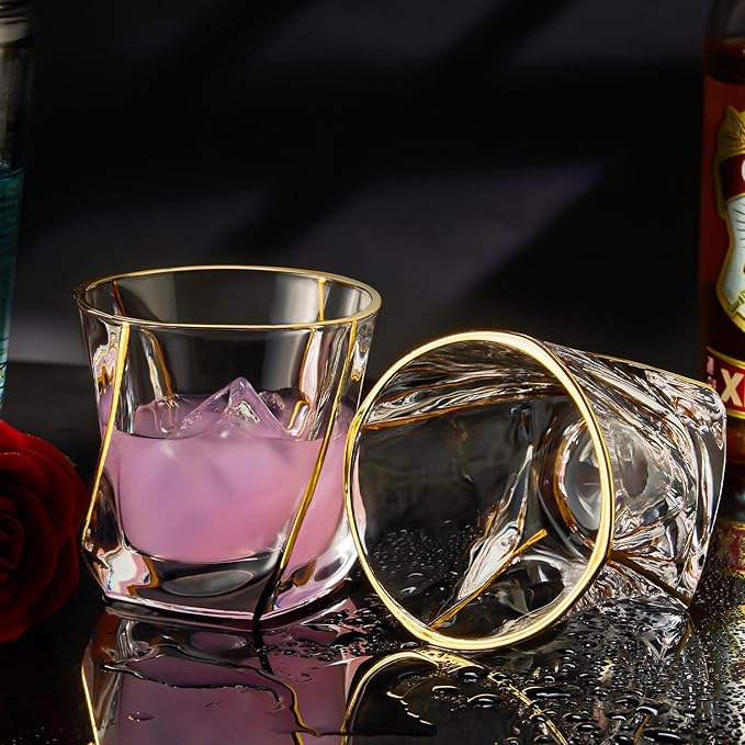 Crystal Whiskey Glasses Set of 2 with 24K Gold Rim,Bar Glasses,Twisted Whiskey Glass Gold Collection for Bourbon,Scotch and Wine,Rock Barware for Men Gift - 8oz