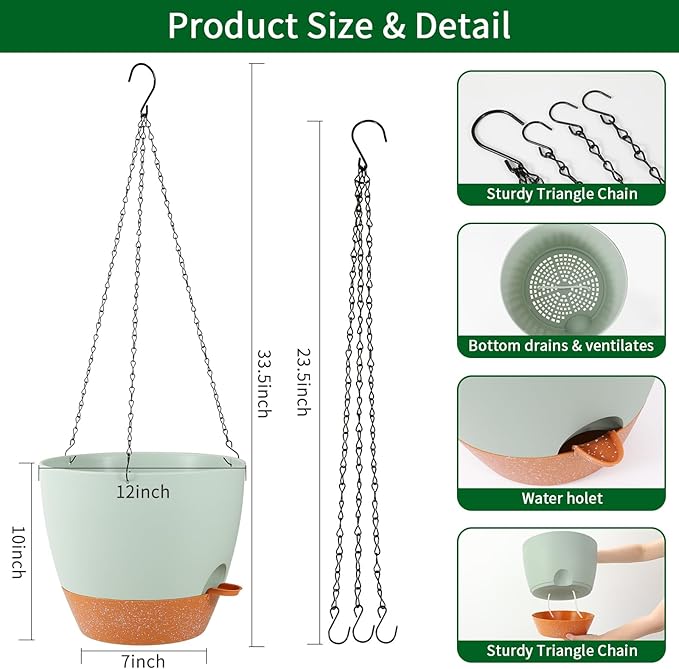 GARDIFE Large Hanging Planter, 12 inch Hanging planters for Indoor. Outdoor Plants, Self Watering Plant Pot, Plant Hanger, Green