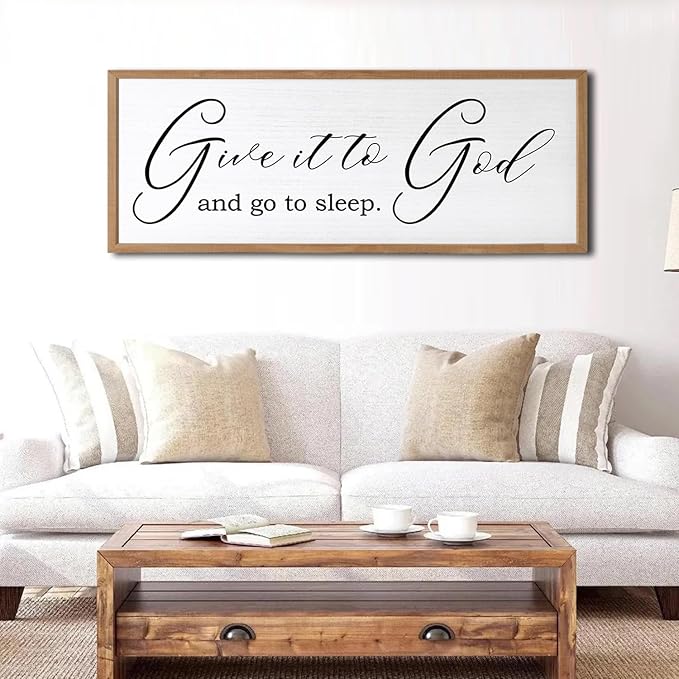 Give It To God And Go To Sleep Sign Wall Decor 40x15 Inch Large Farmhouse Master Bedroom Above Bed Hanging Wall Art Rustic Guest Room Wood Framed Over Bed Wall Decoration (Wood White)
