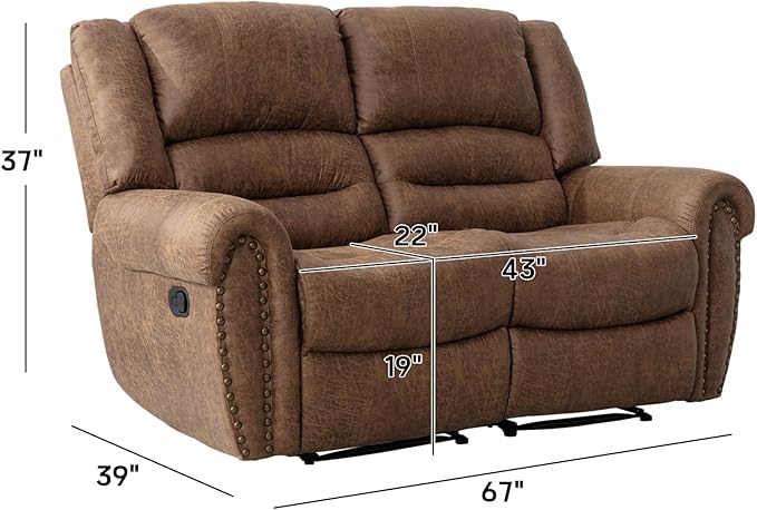 CANMOV Faux Leather Manual Loveseat Recliner, 2 Seat Reclining Chair, Overstuffed Comfortable Arms and Back Recliner Chair, Couch Set for Living Room, Bedroom Furniture, Office,Nut Brown
