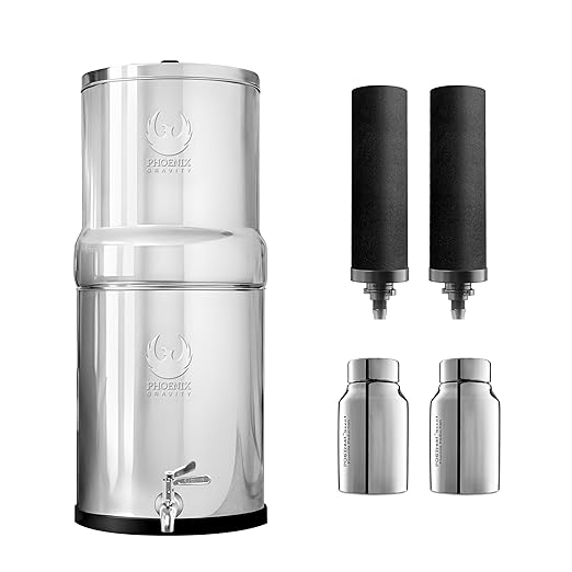 2.25 Gallons NSF Certified AISI 304 Stainless Steel Water Filter with 2 Smart Carbon (Black) Filters, 2 POSTreat Steel Fluoride Removal Elements & Free Stainless Steel Spigot