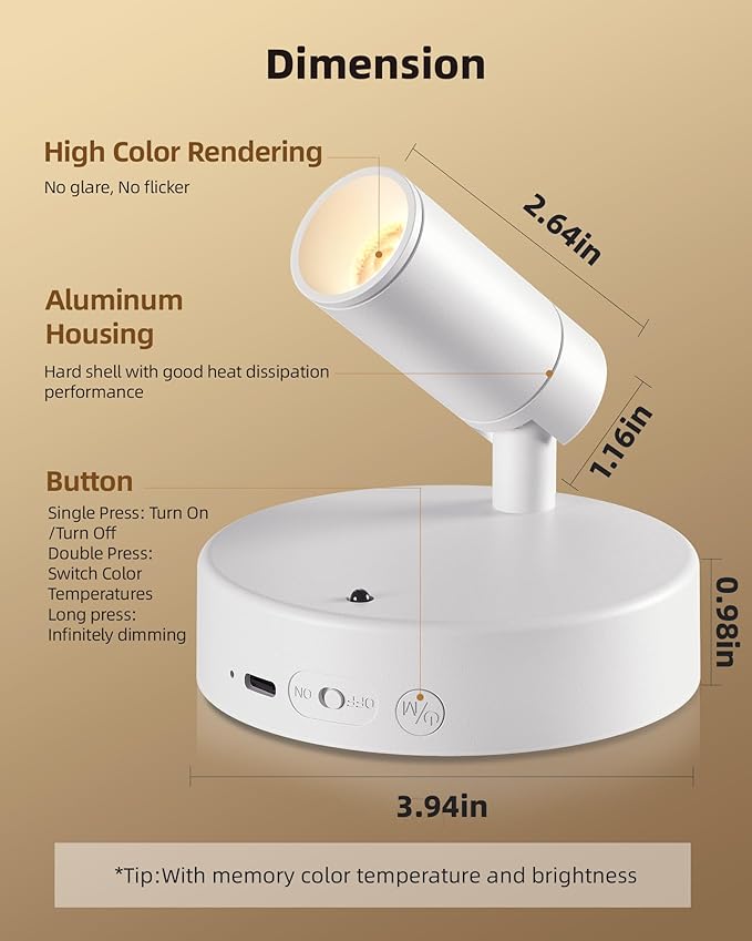 EZVALO Spot Lights Indoor,5500mAh Rechargeable Picture Lights with Remote,Wireless Mini Art Accent Spot Lights with Timer＆Dimmable, 3CCT, Uplights Indoor for Plants,Display,Artwork(2Pack-White)