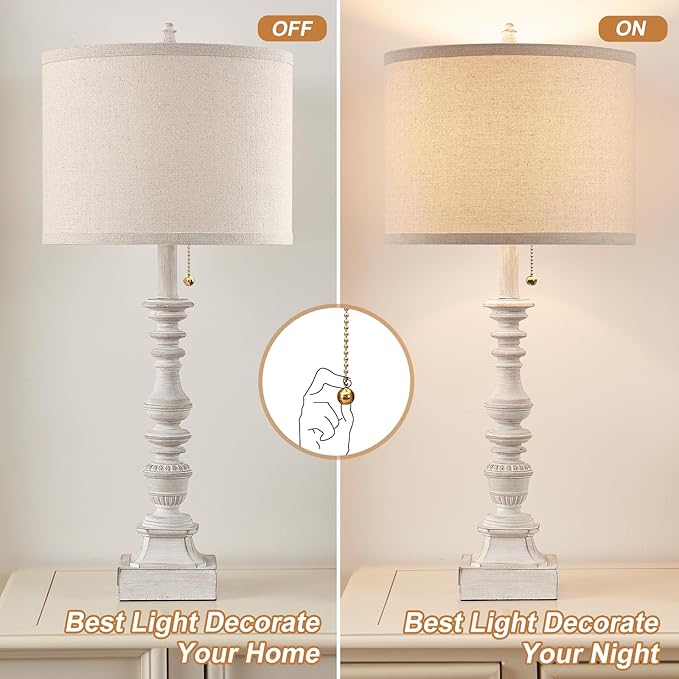Farmhouse Table Lamps for Bedroom Set of 2, 29.5" Tall Rustic Bedside Lamp with USB Ports and AC Outlet, Vintage Nightstand Table Lamp for Living Room with Linen Drum Shade, White, Pull Chain