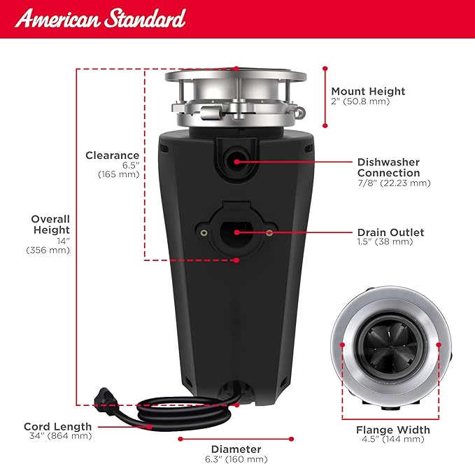 American Standard 10-US-AS-7-SL Garbage Disposal Anti-Jam Stainless Steel Food Waste Grinding System, Slim Line, 3/4 HP, Black