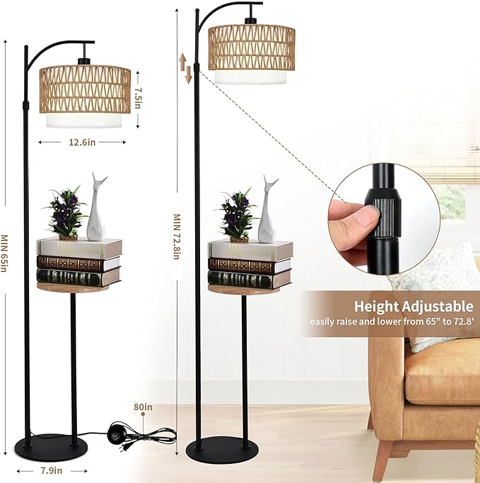 Arc Floor Lamp with Table and Shelves,Rattan Boho Floor Lamp with Remote Control,Rustic Floor Lamps for Bedroom Wicker Standing Lamp with 3 Color Temperature Tall Lamp for Living Room Corner