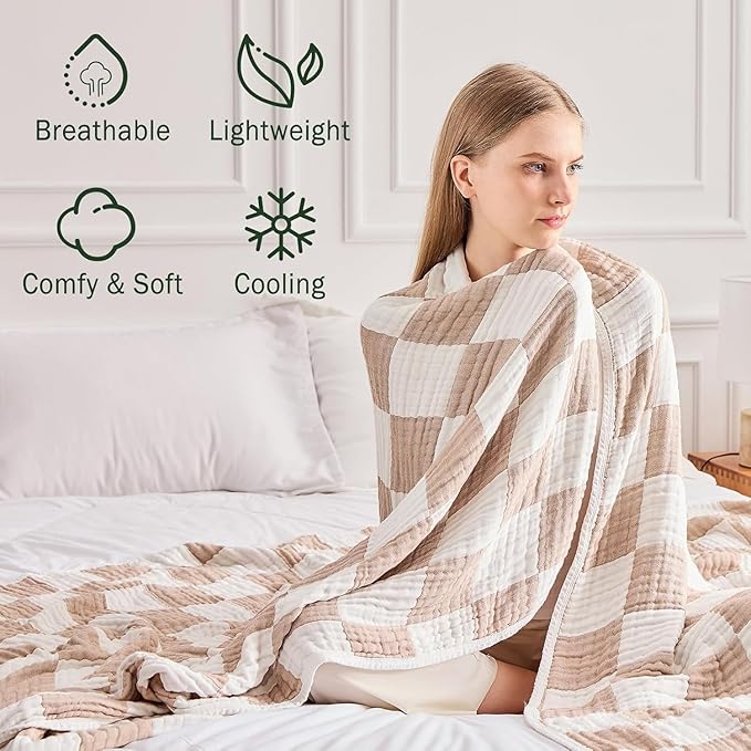 EMME Checkered Cotton Blanket Twin Large 60"x80" 100% Muslin for Couch Breathable Cooling Gauze All Season Soft and Lightweight Pre-Washed (Light Tan)