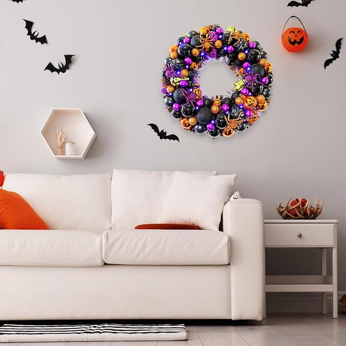 17 Inch Halloween Ball Wreath for Front Door with Lights, Lighted Cute Treat-or-Trick Door Wreath Ball Ornament for Halloween Indoor Decorations Centerpiece Party Holiday Wall Home Decor