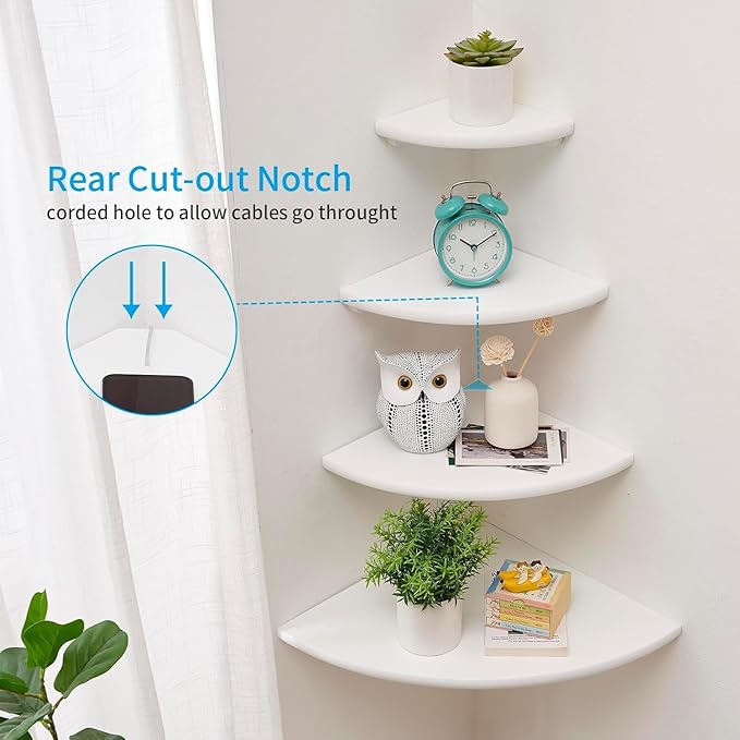Corner Shelf, Solid Oak Wood Floating Corner Shelf Wall Mount Round End Floating Speaker Shelves with Wire Hole for Small Plant Photo Frame for Bedroom Kitchen, Living Room (White, 7.1in)