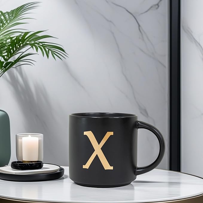 COLLECTIVE HOME - Monogram Ceramic Mugs, 15 oz Golden Initial Black Coffee Cups, Elegant Alphabet Tea Mugs, Elegant Personalized Mug with Gift Box, Unique Mug with Double Side Capital Lette (X)