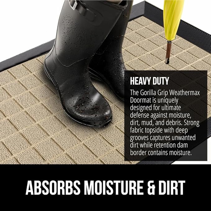 GORILLA GRIP 100% Waterproof All-Season WeatherMax Doormat US Designed Natural Rubber, Stain and Fade Resistant, Low Profile Indoor Outdoor Door Mats, Easy Clean Patio Mat, 17x29, Taupe Grid