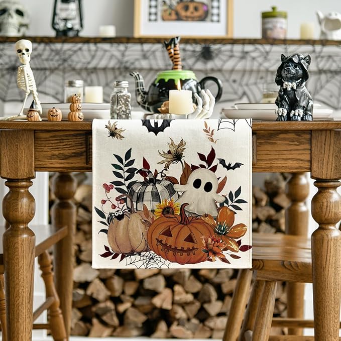 Artoid Mode Pumpkin Ghost Leaves Spider Web 210 GSM Halloween Table Runner, Spooky Kitchen Dining Table Decoration for Home Party Decor 13x48 Inch