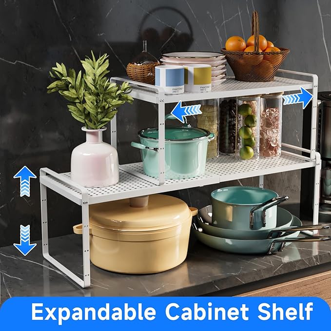 Expandable Kitchen Shelf Organizers, Kitchen Cabinet Organizer Stand Rack Organization for Countertop Cupborad Pantry, White 1 Pack