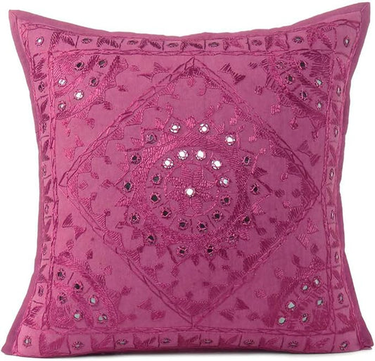 Eyes of India Embroidered Decorative Boho Throw Pillow Cover with Mirrors, Handmade Bohemian Accent Cushion Case for Sofa Couch Bedroom Living Room (Burgundy, 24" x 24")