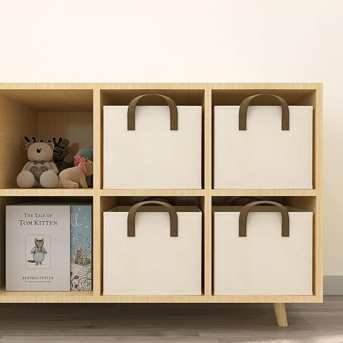 Closet Storage Bins, Fabric Closet Organizers and Storage Basket for Shelves, Collapsible Shelf Baskets for Organizing Shelves, Bedroom Clothes Basket, Beige, 3 Pack