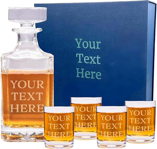Gifts Inscribed Personalized Whiskey Decanter Set - Engraved Whiskey Decanter Bottle & Set of 4 Custom Drinking Glasses Laser Etched - Customized Whiskey Gift for Wedding, Anniversary, Birthday, Dad