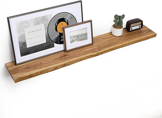 Floating Shelves for Wall, 55"x9.3" Rustic Solid Live-Edge Elm Wood Wall Shelves, Heavy-Duty Floating Shelves with Invisible Brackets for Living Room, Bedroom, and Kitchen, Natural Finish