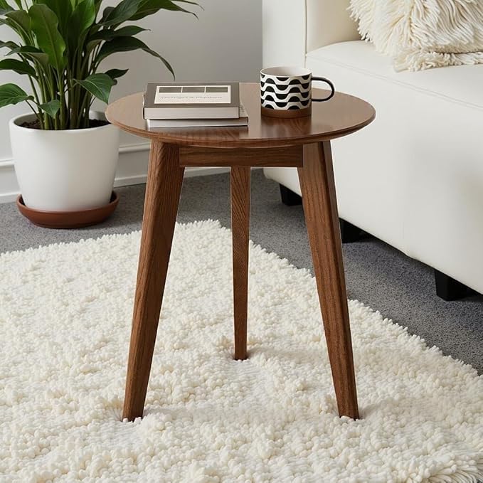 100% Solid Oak Round Side Table Set of 2, Small Bedside Table for Small Spaces, Living Room End Table with Stable Frame, Modern Nightstand for Bedroom Couch(Walnut, 17.71" D x 19.68" H)