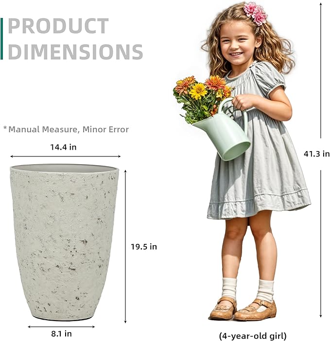 19.5" Resin Tall Planters for Outdoor Plants, Set of 2 Country White Large Flower Pots with Handmade Birch Bark Texture, Heavy-Duty and Weather-Resistant for Year Round Indoor Outdoor use