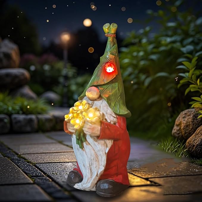 COWOS Garden Gnome Statue Outdoor Decor, Solar Garden Gnome Figurine Light, Resin Statues Sculpture for Patio Yard Lawn Outdoor Decorations