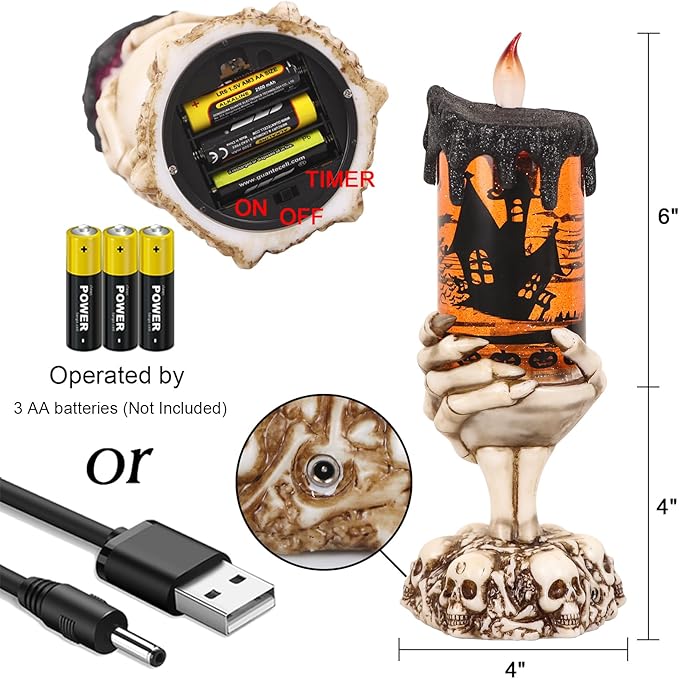 Eldnacele Halloween Snow Globe Candles Lighted Lamp USB Powered Battery Operated Spooky Spinning Water Glittering Tornado Flameless Candles Skeleton Hand Holder Halloween Centerpiece Decor(Castle)