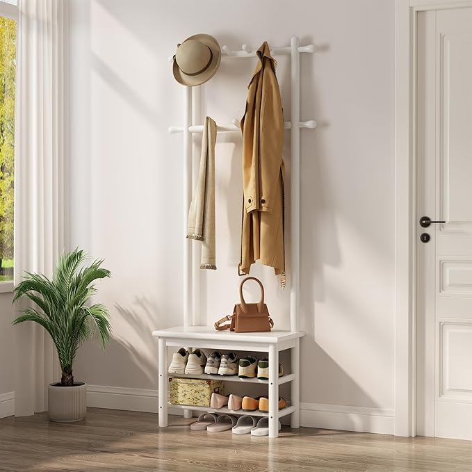 Coat Rack with Shoe Storage, Narrow Wooden Hall Tree with Bench, 11 Hooks and 2-Tier Storage Shelves, 3-in-1, Entryway Bench with Coat Rack (23.6"-Deep White)