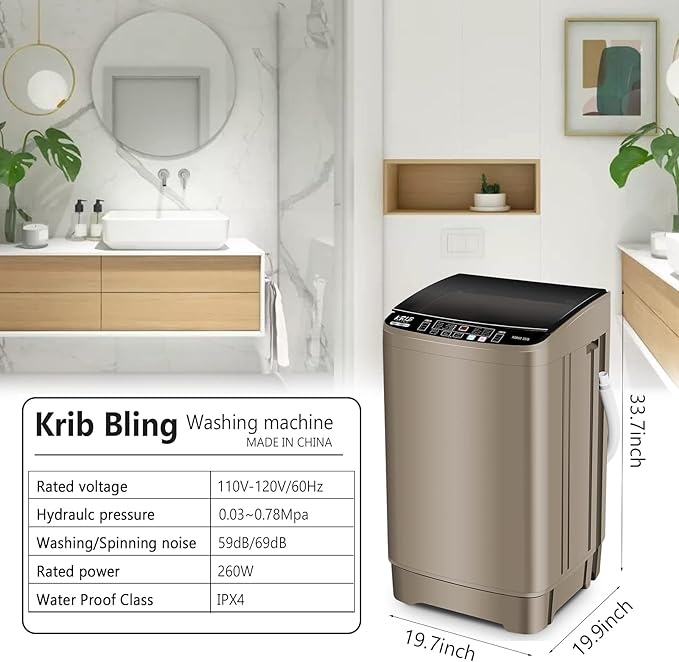 Full Automatic Washing Machine with LED Display, 17.7 lbs Portable Washer Drain Pump, 10 Programs & 8 Water Levels Selections, Ideal for RV, Camping, Apartment, Dorm, Gold