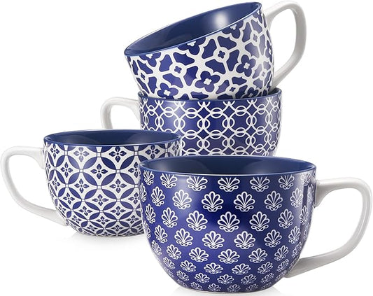 DOWAN Coffee Mugs Set of 4, 24 oz Large Coffee Mugs, Jumbo Soup Mugs With Handles, Ceramic Coffee Cups for Coffee Cereal Latte for Men Women, Housewarming Wedding Gift, Vintage Blue