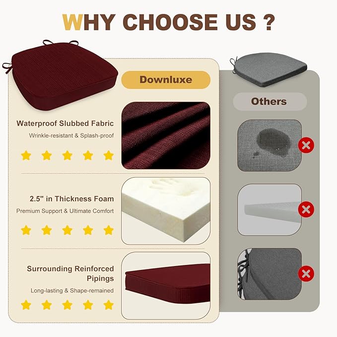 downluxe Chair Cushions for Dining Chairs, Waterproof Kitchen Chair Pads, Non-Slip Dining Seat Cushion with Ties, 17" x 16" x 2.5", Burgundy, 4 Pack
