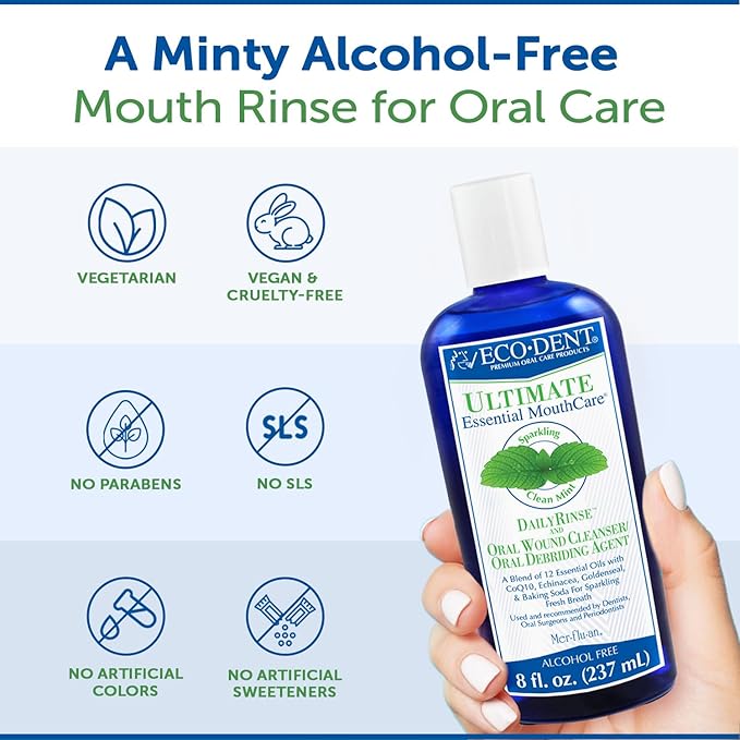 Eco-Dent Alcohol-Free Mouthwash, Mint - Ultimate Essential MouthCare, Oral Care Mouth Wash for Adults, Baking Soda Mouth Rinse with CoQ10/Herbs/Essential Oils, 8 Fl Oz (Pack of 2)