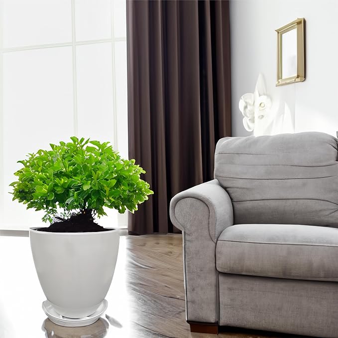 FixtureDisplays® 9.8" Diameter 11" Tall White Plant Pots, Plastic Flower Pots with Drainage Holes and Saucers for Indoor and Outdoor 15747-NF