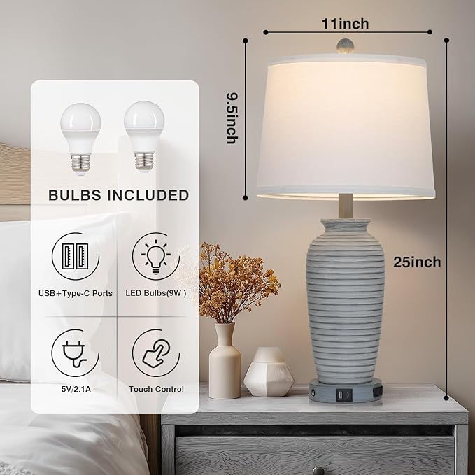 25" Farmhouse Jar Table Lamp Set of 2 Vintage Rustic Lamps for Living Room, Resin Bedside Nightstand Lamps with Linen Lampshades, Retro Pot Lamp for Living Room, Bedroom(LED Bulbs Included)