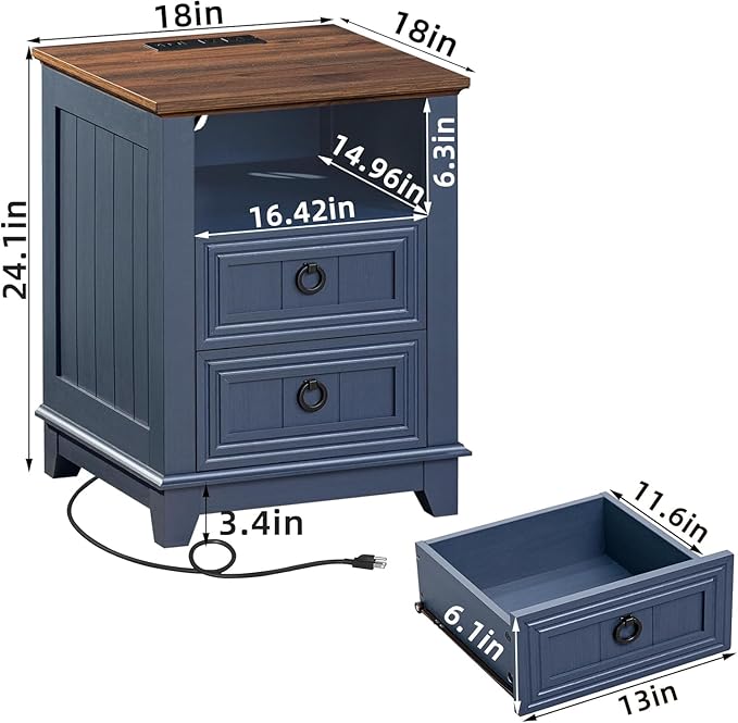 18" Farmhouse Night Stands Set of 2 with Charging Station, 2 & 3 Drawers End Table Dresser for Bedroom, Blue Wooden Nightstand, Bed Side Table with Open Shelf, Bedside Cabinet for Living Room