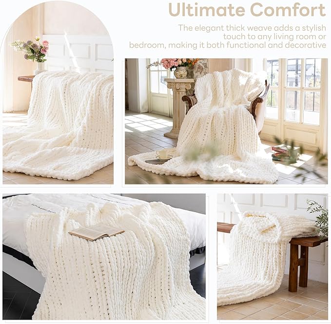 Chunky Knit Blanket - Luxury Soft Cozy 50 * 60 Throw Blanket,100% Woven Blanket Rope Knot Throw Blanket for Couch, Sofa, Home Decor, Gift - Machine Washable（Milk White）