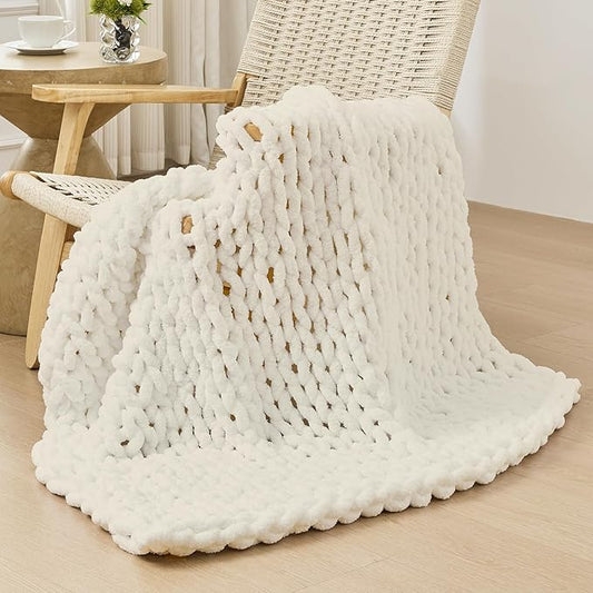 Bigacogo Chunky Knit Throw Blanket for Couch, 40x40 inches, 100% Hand Knitted with Thick Jumbo Chenille Yarn, Cozy Soft Large Rope Knot Cable Crochet Blankets for Sofa Bed Living Room, Ivory