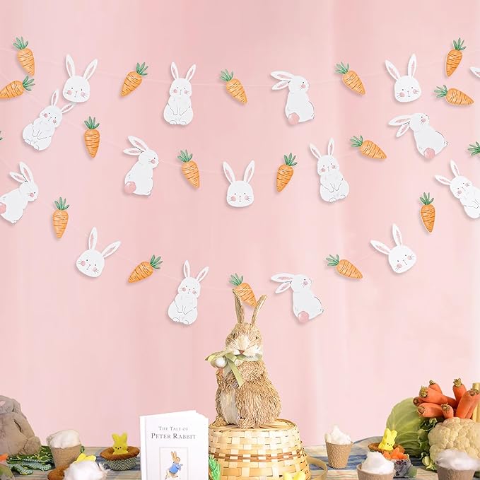 Cheerland Bunny Garland Party Decorations Cute Rabbit Carrot Banner Hanging Streamer for Girls Kids Birthday Baby Shower Classroom Home Office Decor Easter Garden Animal Tea Parties Supplies 2pcs